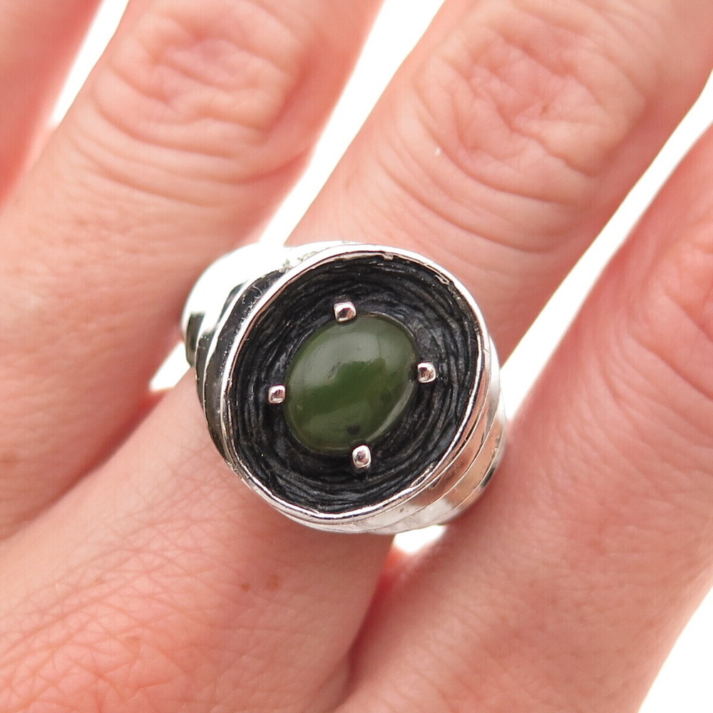 925 Sterling Silver Vintage Real Jade Modernist Oxidized Ring Size 9.5